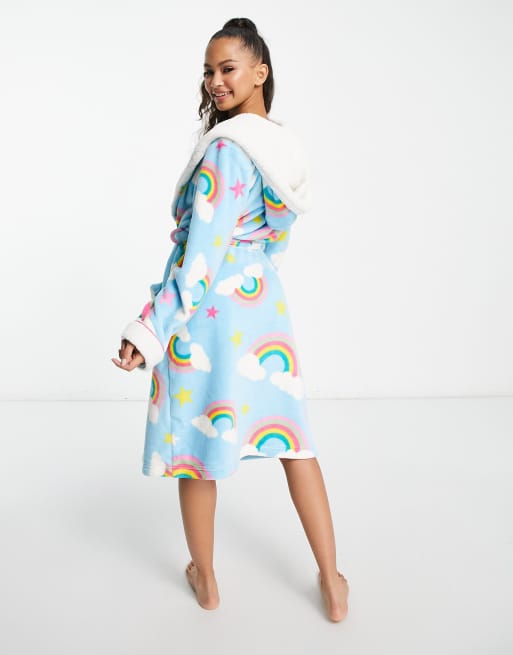 Chelsea Peers hooded dressing gown in light blue rainbow print