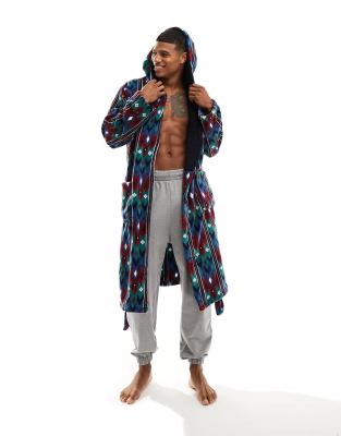 Chelsea Peers hooded dressing gown in red and blue fairisle geo stripe - ASOS Price Checker