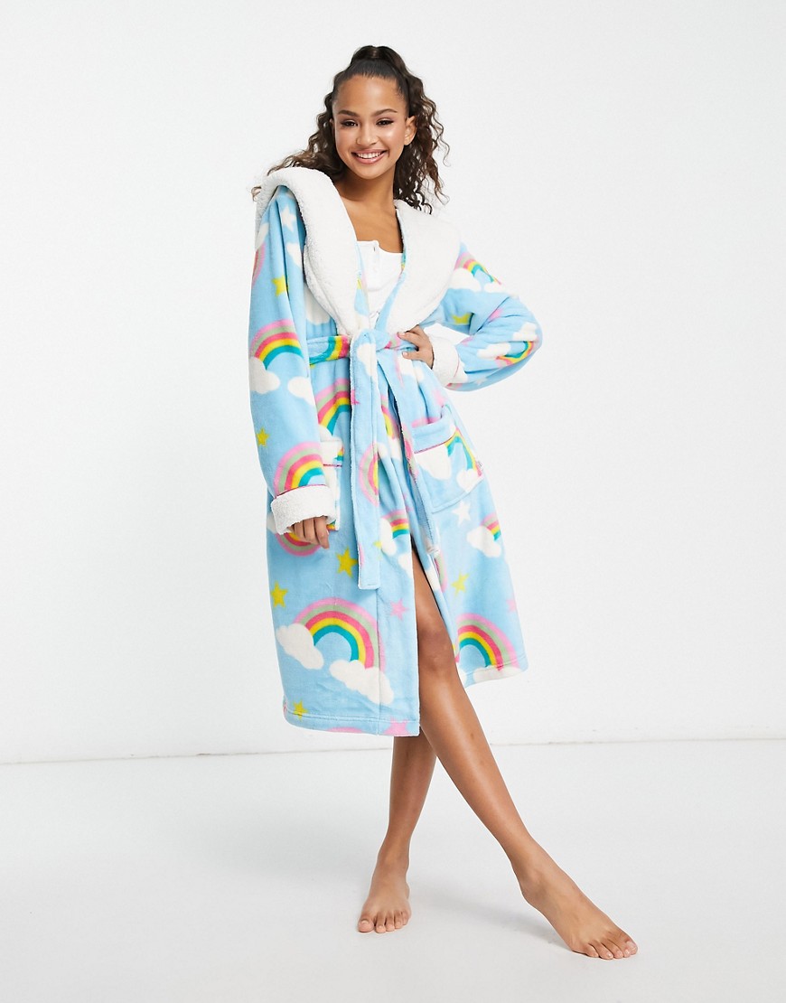Chelsea Peers hooded robe in light blue rainbow print