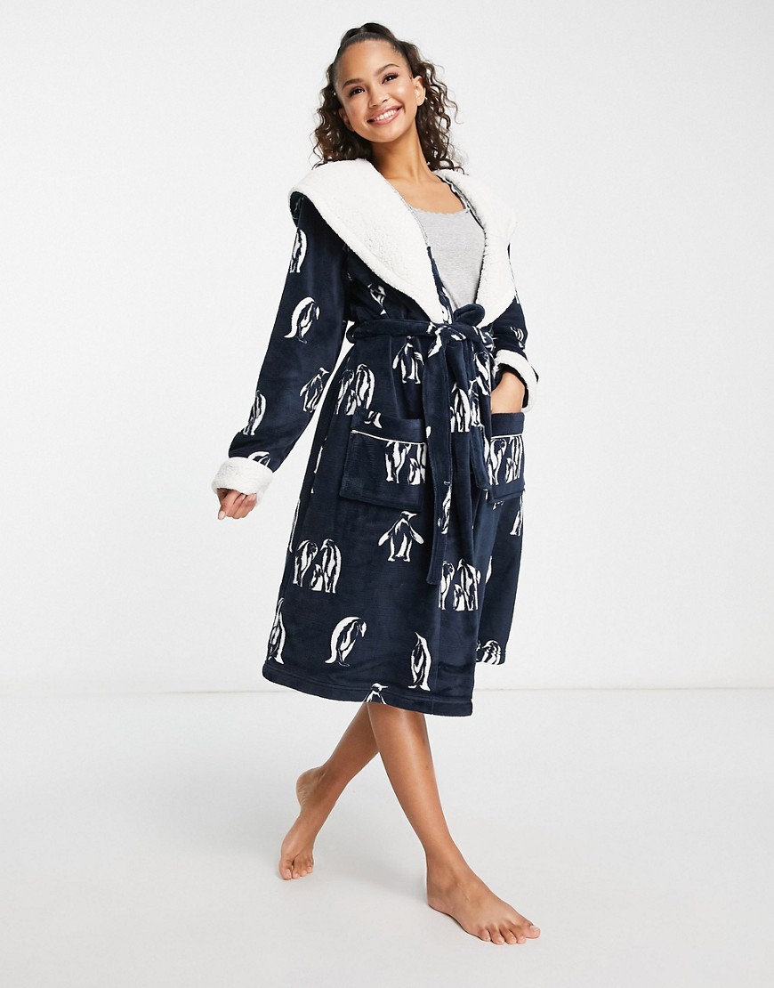 hooded robe in navy and white penguin print