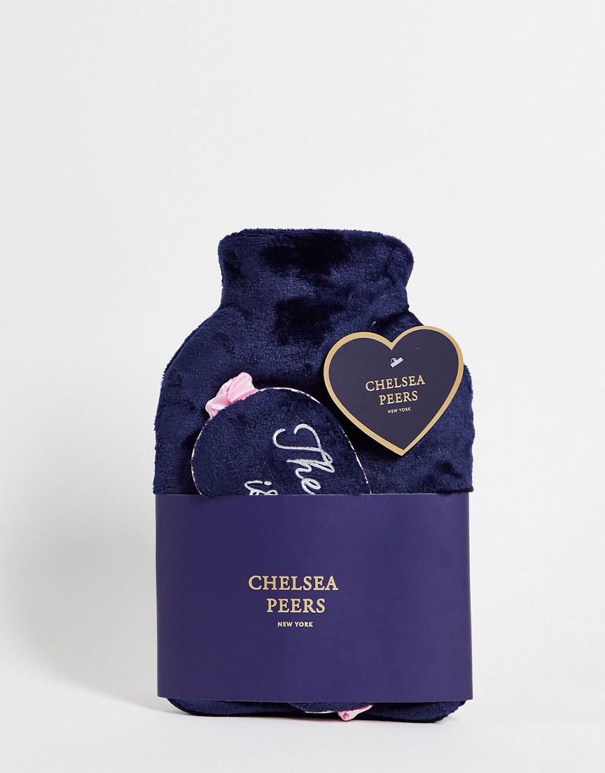 Chelsea Peers hotwater bottle and eyemask gift set with slogan in navy