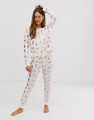 Chelsea Peers - hvidt pyjamassæt med bukser og rosenguld folie-flamingoer
