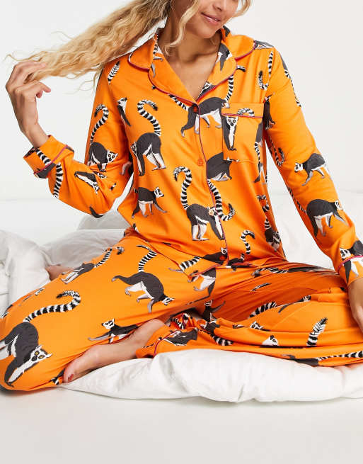 Chelsea Peers jersey lemur print button top and bottom pajama set in orange