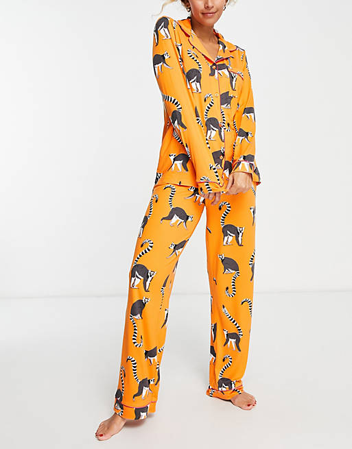 Chelsea Peers jersey lemur print button top and trouser pyjama set in ...