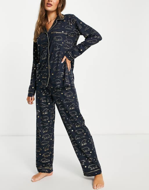 Chelsea Peers - Jersey revere top en broek pyjamaset in goudfolie ijsbeer-print - NAVY