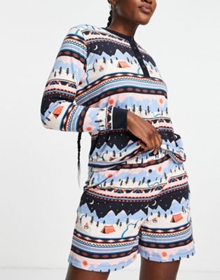 Chelsea Peers jersey top and boyfriend short pyjama set in landscape fairisle print - MULTI