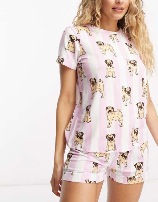 Chelsea Peers – Kurzer, gestreifter Pyjama in Rosa und Weiß mit Mopsmuster
