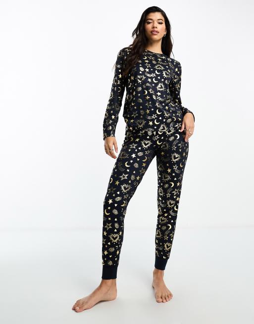 Chelsea Peers – Kurzer Pyjama in Marineblau mit foliertem Herz- und Sternemuster