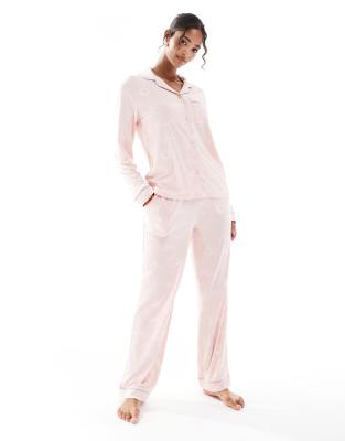 Chelsea Peers - Langärmliger Pyjama aus Polyester in Rosa mit Nachthimmel-Print und Reverskragen
