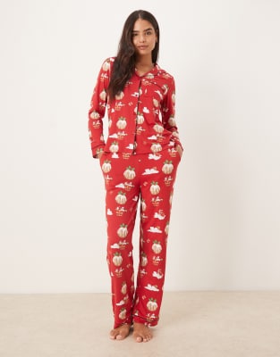 Chelsea Peers - Langärmliges Pyjama-Set aus Polyester mit Reverskragen und Christmas-Pudding-Ballon-Print-Rot