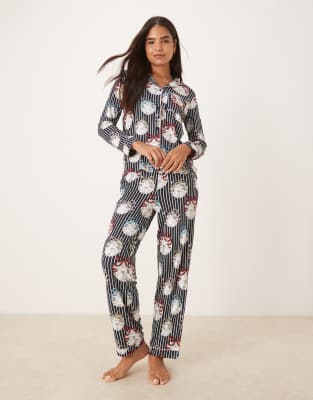Chelsea Peers - Langärmliges Pyjama-Set aus Polyester mit weihnachtlichem Diskokugel-Print und Reverskragen-Bunt