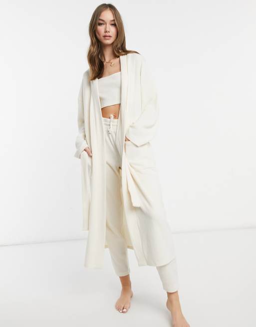 Chelsea Peers – Lange, gerippte Lounge-Strickjacke aus Polyester in Beige - BEIGE