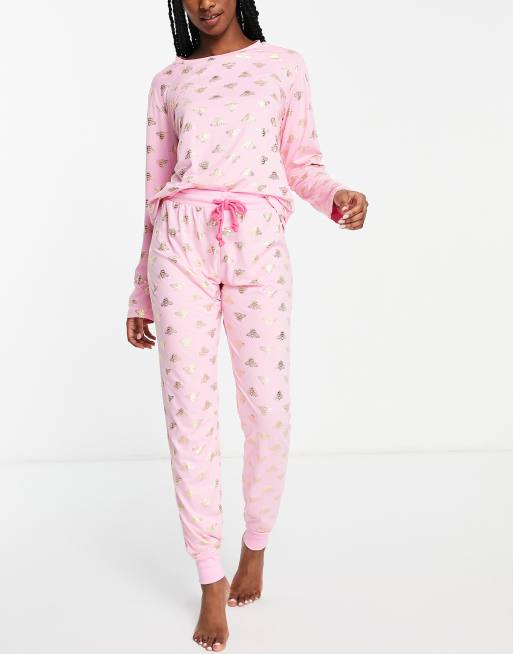 scheuren Zwart Verdeelstuk Chelsea Peers - Lange pyjamaset met folieprint van bijtjes in roze | ASOS