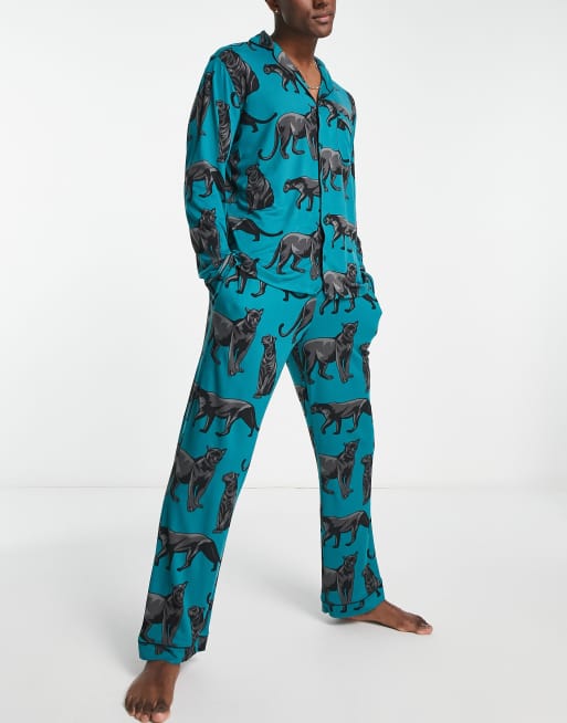 Chelsea Peers - Lange pyjamaset met knopen en jaguarprint in groenblauw