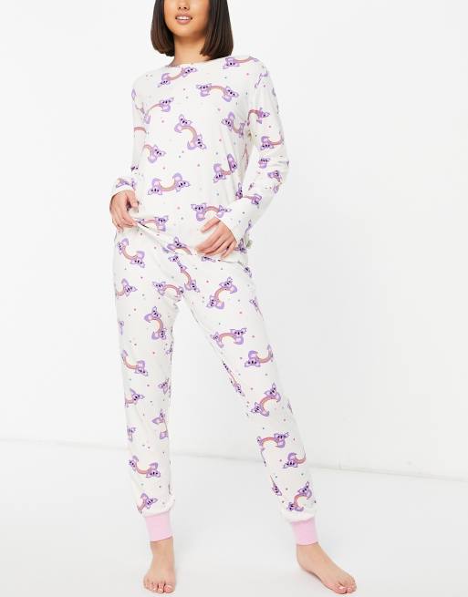 Chelsea Peers - Lange pyjamaset met prints van regenbogen en koala's in crème