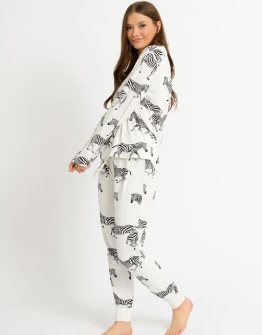 Chelsea Peers – Langes Pyjama-Set aus Polyester mit Zebramotiv in Creme - CREAM, 2 von 4