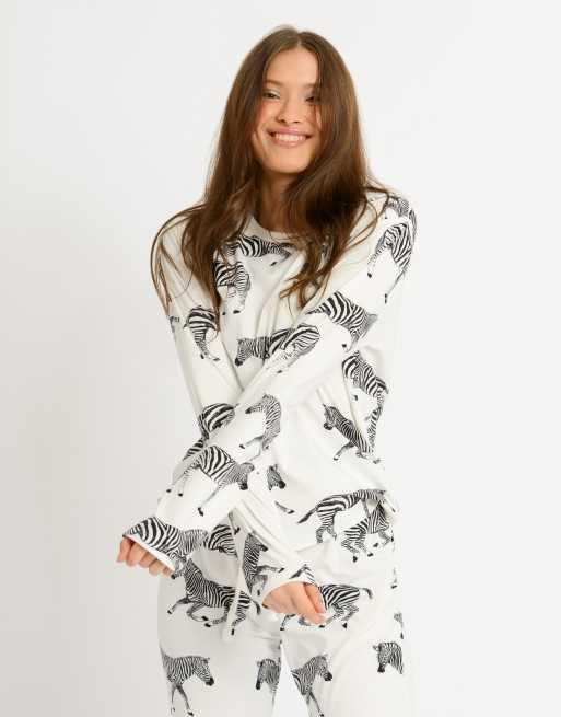 Chelsea Peers – Langes Pyjama-Set aus Polyester mit Zebramotiv in Creme - CREAM, 3 von 4
