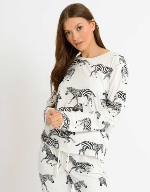 Chelsea Peers – Langes Pyjama-Set aus Polyester mit Zebramotiv in Creme - CREAM, 4 von 4