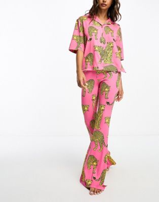 Chelsea Peers leopard flare pyjama set in hot pink