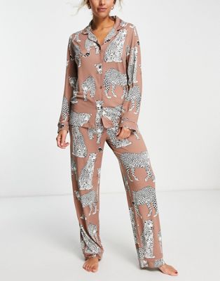Chelsea Peers leopard print jersey button top and trouser pyjama set in brown - ASOS Price Checker