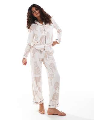 leopard print long sleeve camp collar shirt and pants pajama set in cream-White