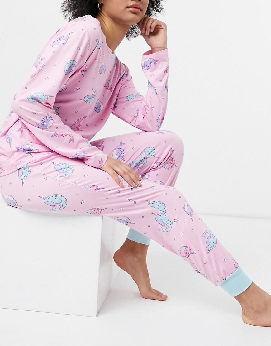 Chelsea Peers lilo print long sleeved top and pants pajama set in pink