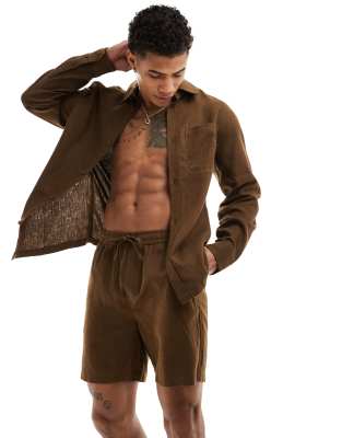 Chelsea Peers Chelsea Peers linen blend beach long sleeve shirt co-ord in brown