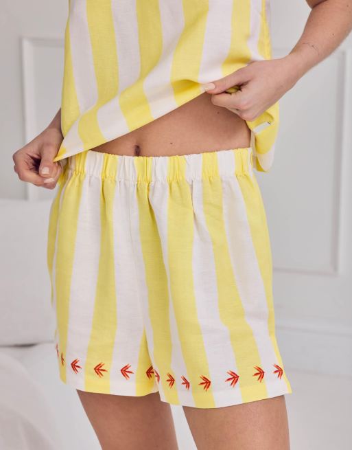 Chelsea Peers Linen blend embroidered back stripe cami short pyjama set in yellow, 3 of 4