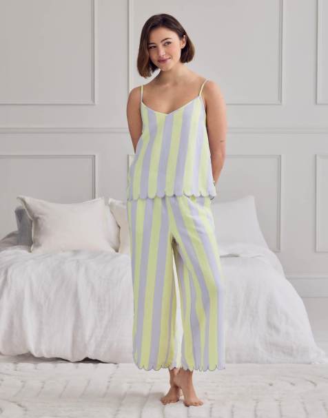 Chelsea Peers Linen blend scallop edge stripe long pyjama set in lilac - view 1