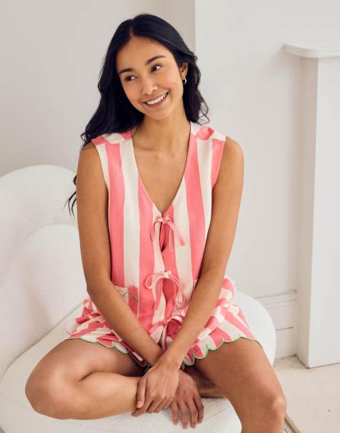 Chelsea Peers Linen blend scallop edge tie front stripe cami short pyjama set in bright pink - view 1
