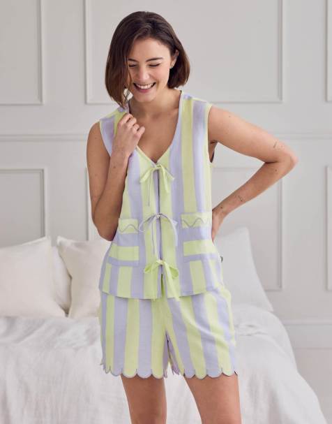 Chelsea Peers Linen blend scallop edge tie-front stripe cami short pyjama set in lilac - view 1