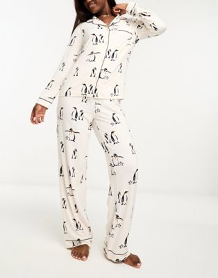 Chelsea Peers long button pyjama set in cream and navy penguin print