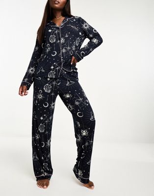 Chelsea Peers long button pyjama set in navy and white botanical print