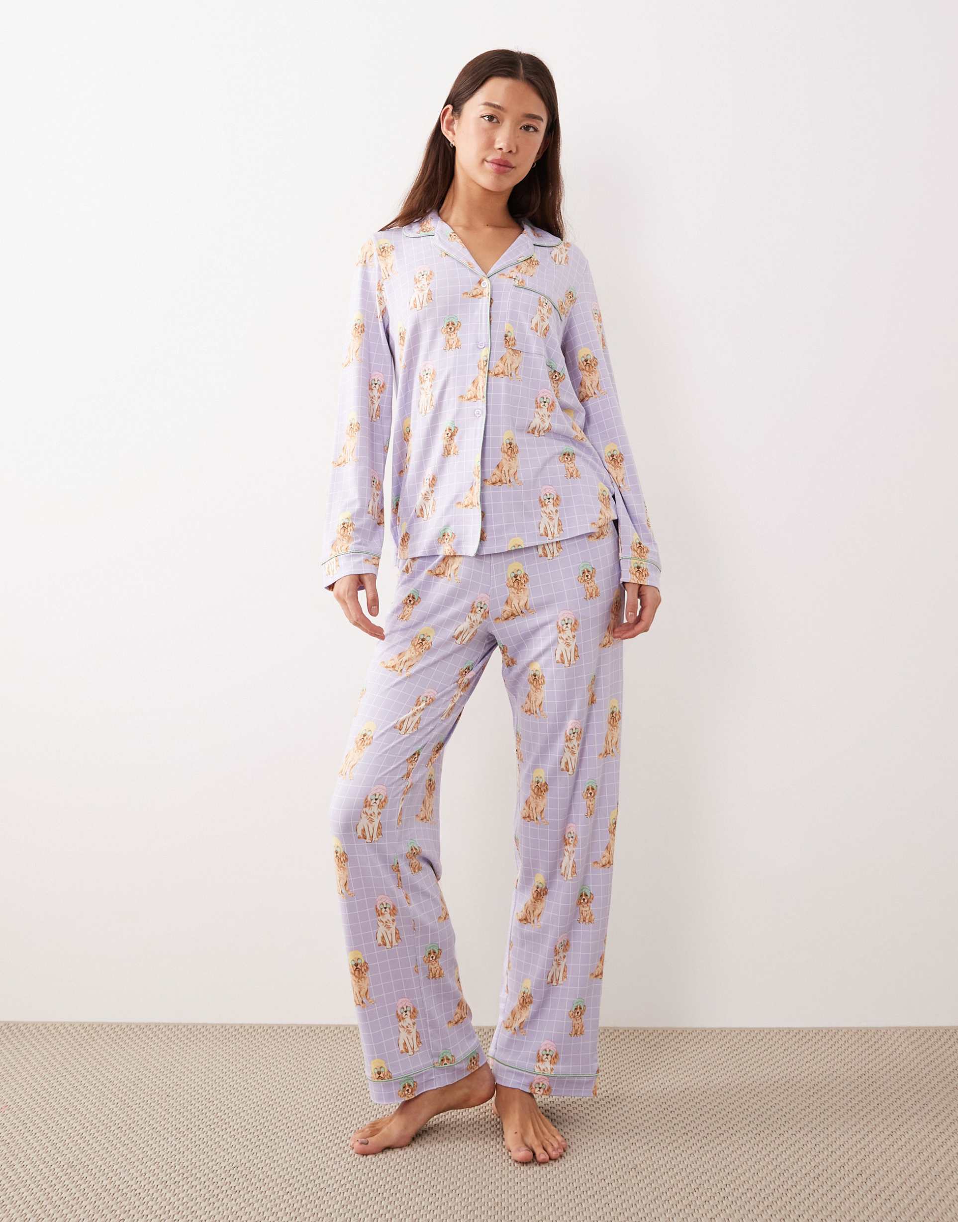 chelsea peers long button up pajama set in lilac spa dog print