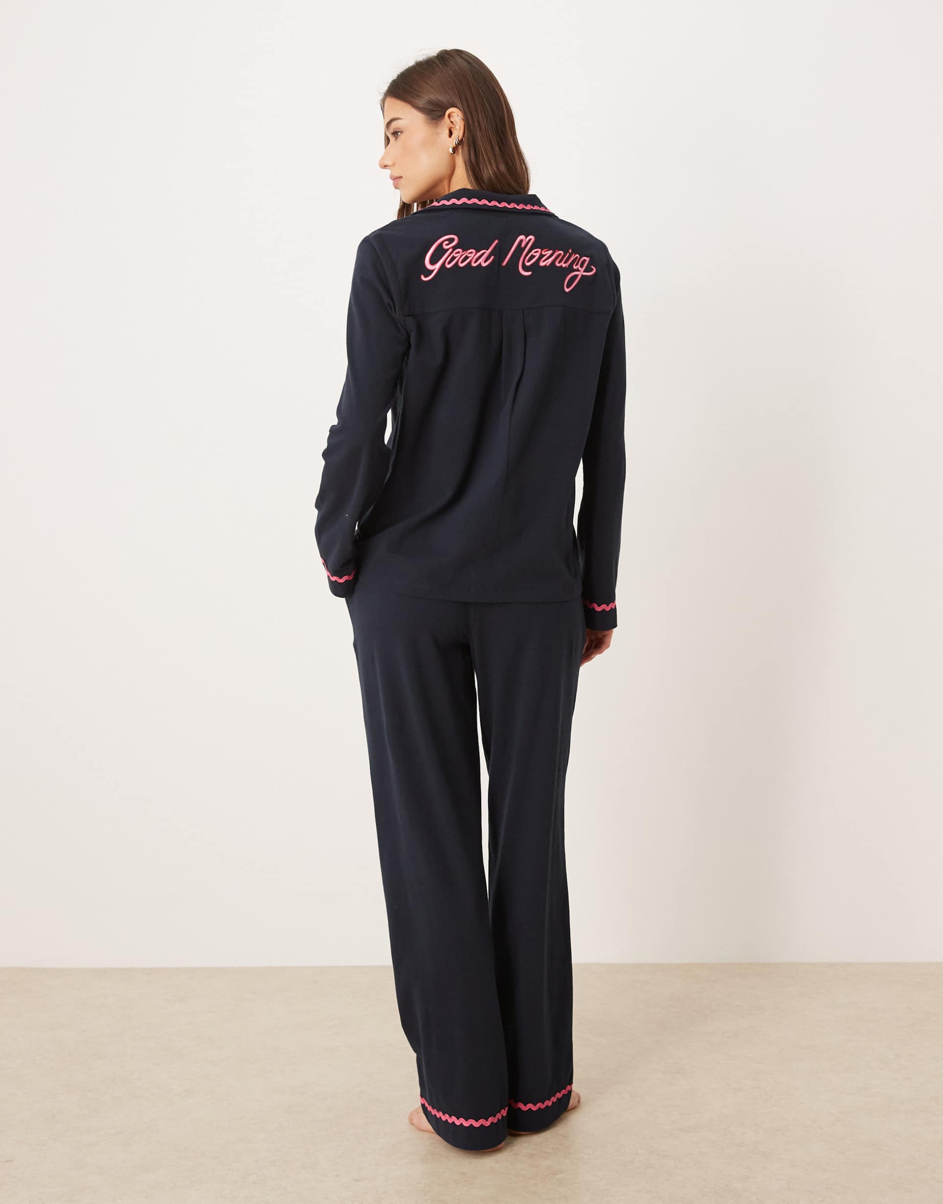 chelsea peers long button up pajama set with good morning embroidery and wavy trim in navy