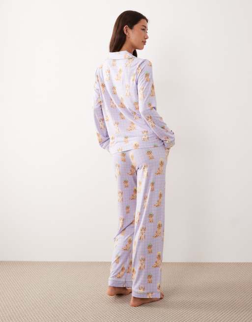 Chelsea Peers long button-up pyjama set in lilac spa dog print, 3 of 4