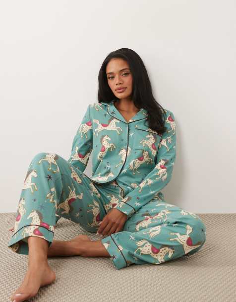 Chelsea Peers long button up pyjama set in magical horses print in teal green - view 1