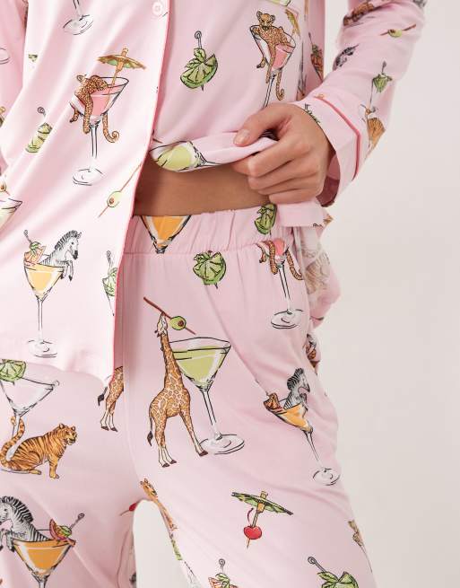 Chelsea Peers long button up pyjama set in pink martini animal print, 3 of 4