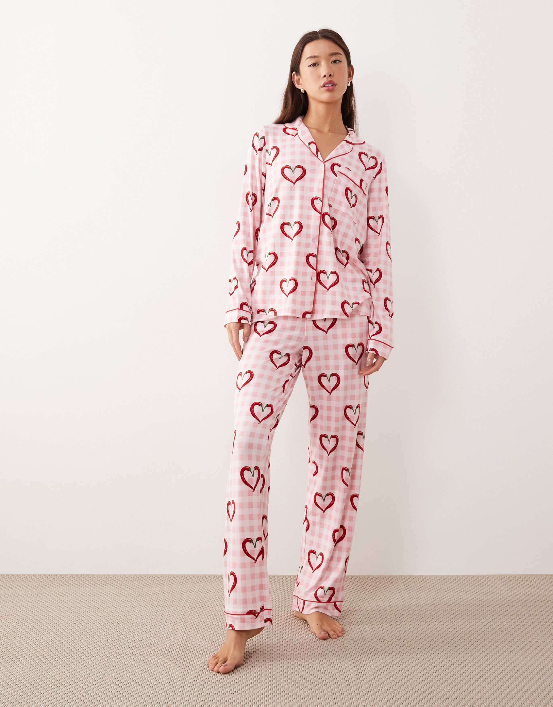 chelsea peers long pajama set in chili-pepper hearts and pink gingham print