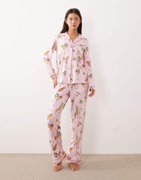 Chelsea Peers long putton up pyjama set in pink martini animal print - view 1