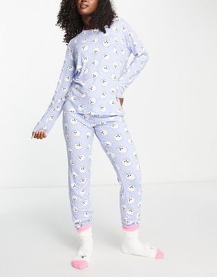 Chelsea Peers long pyjama and cosy socks set in lilac and white pomeranian print