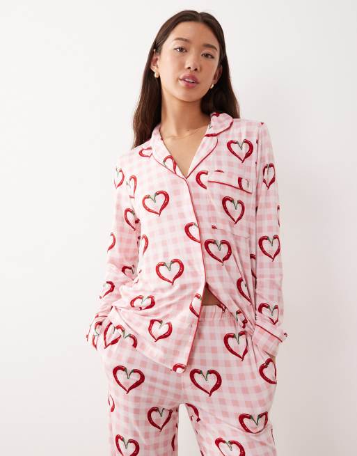 Chelsea Peers long pyjama set in chilli hearts and pink gingham print, 2 of 4