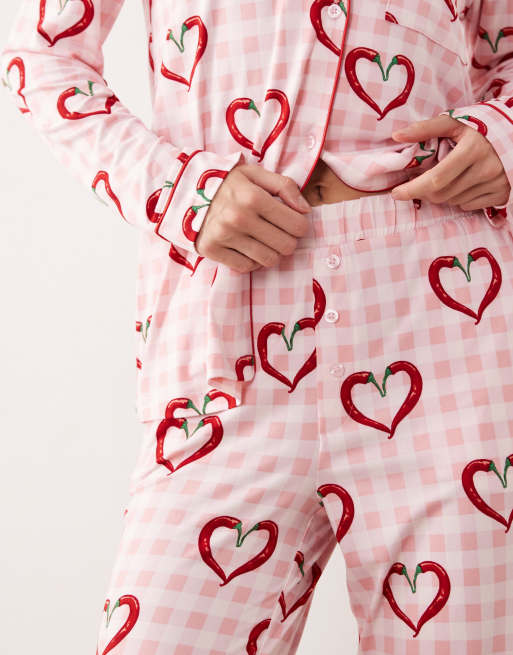 Chelsea Peers long pyjama set in chilli hearts and pink gingham print, 3 of 4
