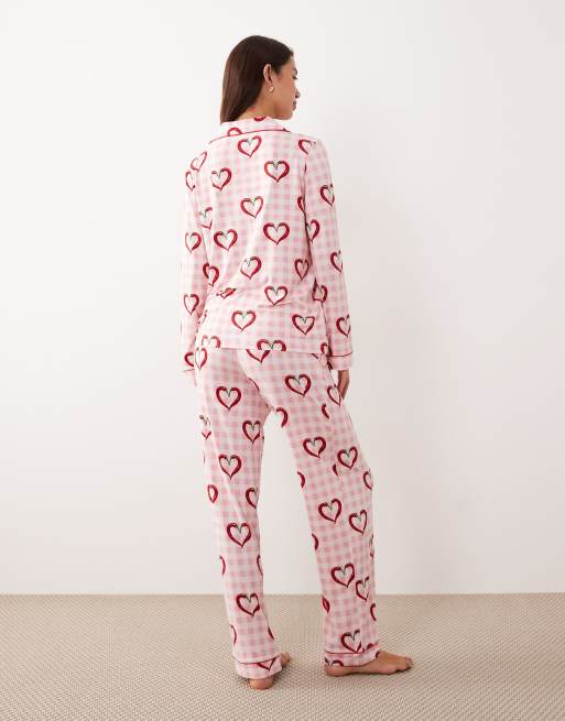 Chelsea Peers long pyjama set in chilli hearts and pink gingham print, 4 of 4