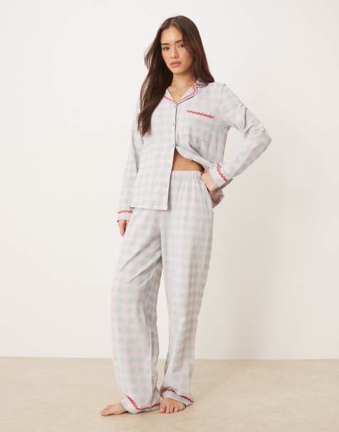 Chelsea Peers long pyjama set with embroidery and frill detail in pink and blue check print - view 1