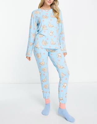 Chelsea Peers long sleeve and cuff pants pajama set in light blue and pink cat print