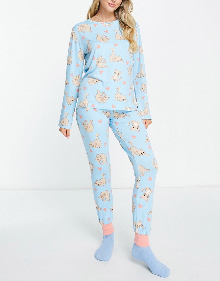 Chelsea Peers long sleeve and cuff pants pajama set in light blue and pink cat print