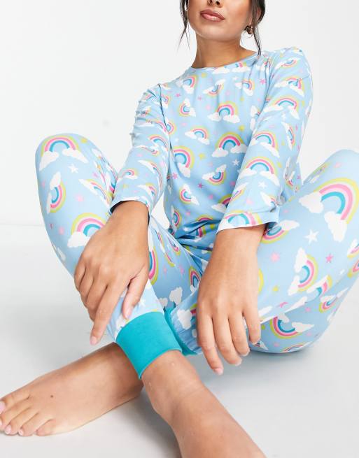 Chelsea Peers long sleeve and cuff pants pajama set in light blue rainbow  print