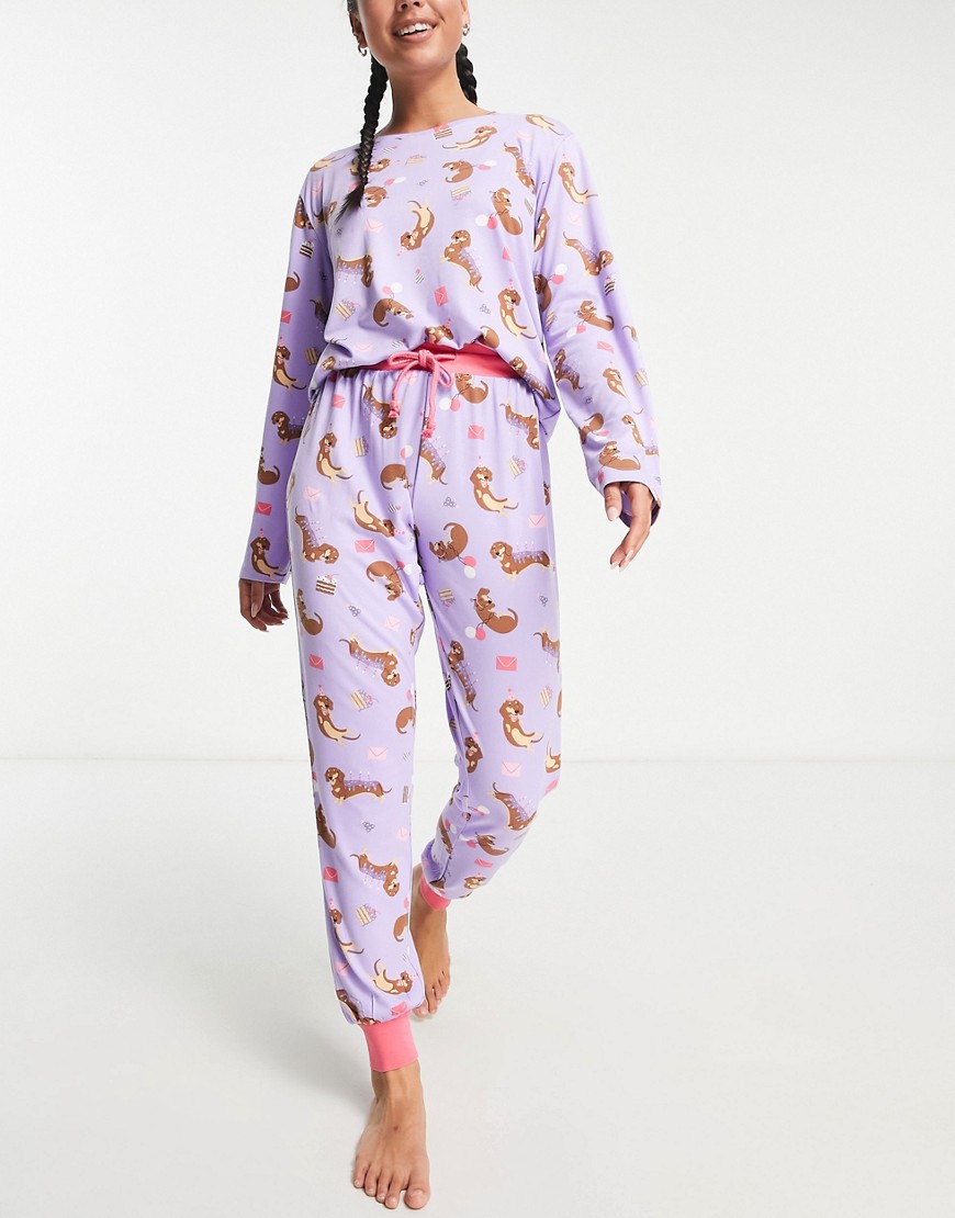 Chelsea Peers long sleeve and cuff pants pajama set in lilac and pink dachshund birthday print-Purple