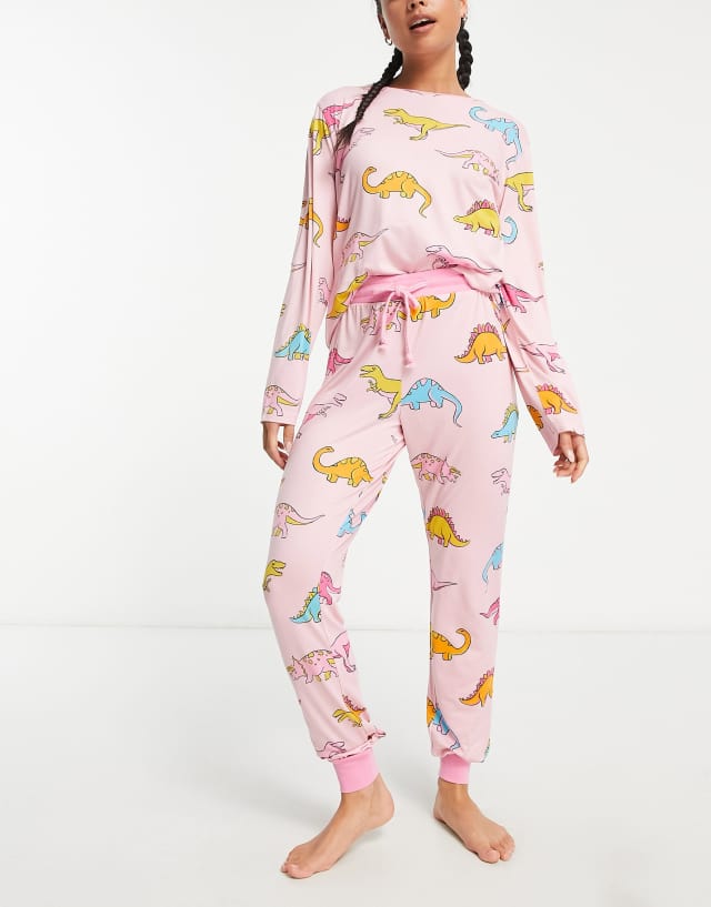 Chelsea Peers long sleeve and cuff pants pajama set in pink and blue dinosaur print